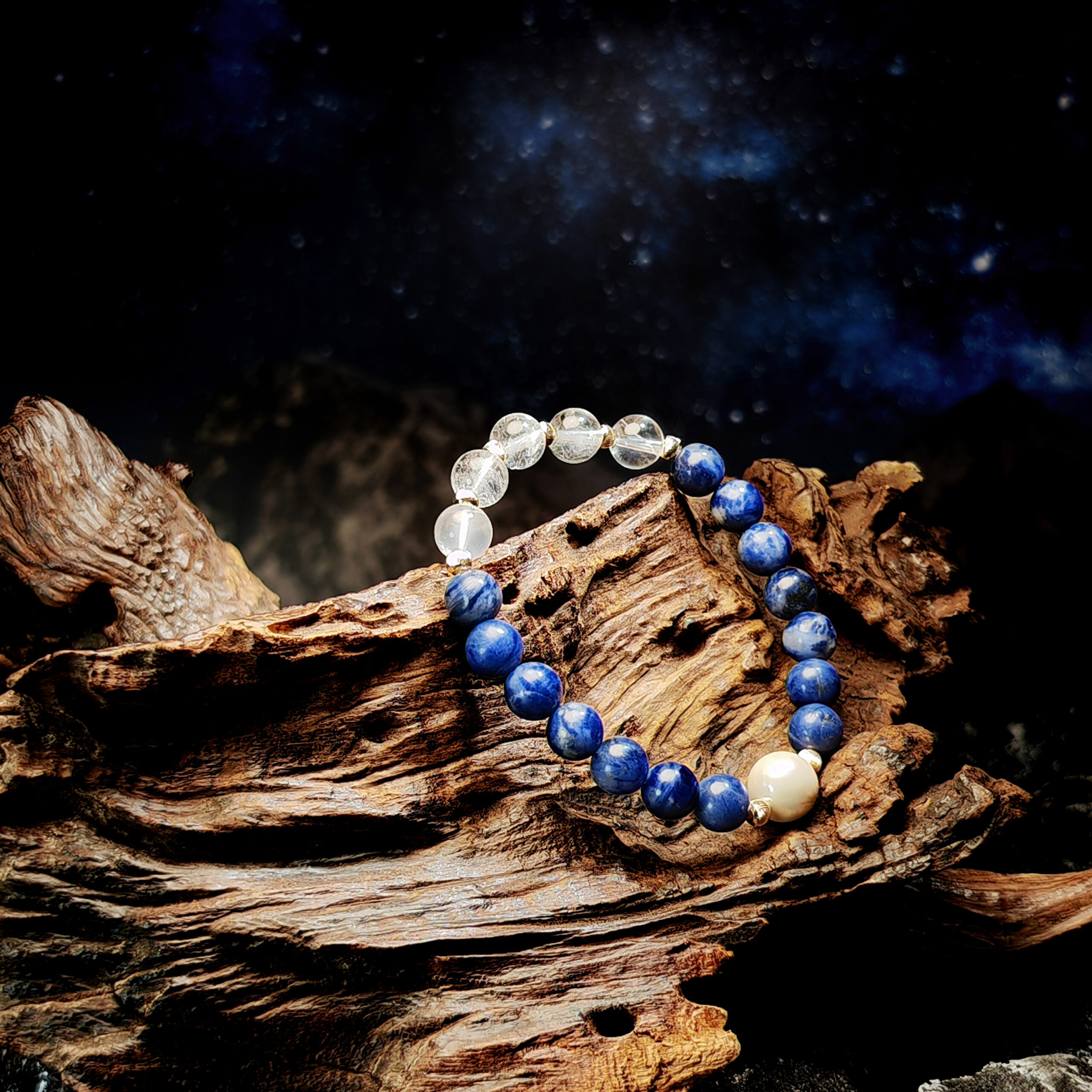 Mind Mirror bracelet with Sodalite, Clear Quartz, and Pearl for clarity and emotional balance