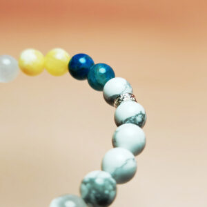 Aqua Aurea crystal bracelet with Yellow Calcite, White Selenite, White Turquoise, and Blue Apatite for stable and flowing wealth.