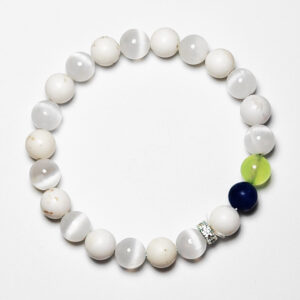 Fortuna Arcana crystal bracelet with White Magnesite, White Selenite, Blue Aventurine, and Grape Chalcedony for luck and prosperity.