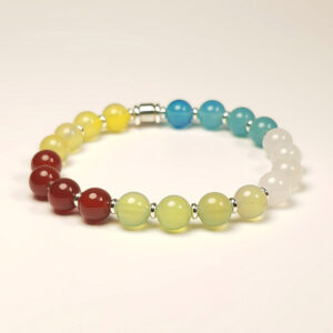 Five Element Wealth Bracelet made of red, blue, white, apple, and yellow agate stones