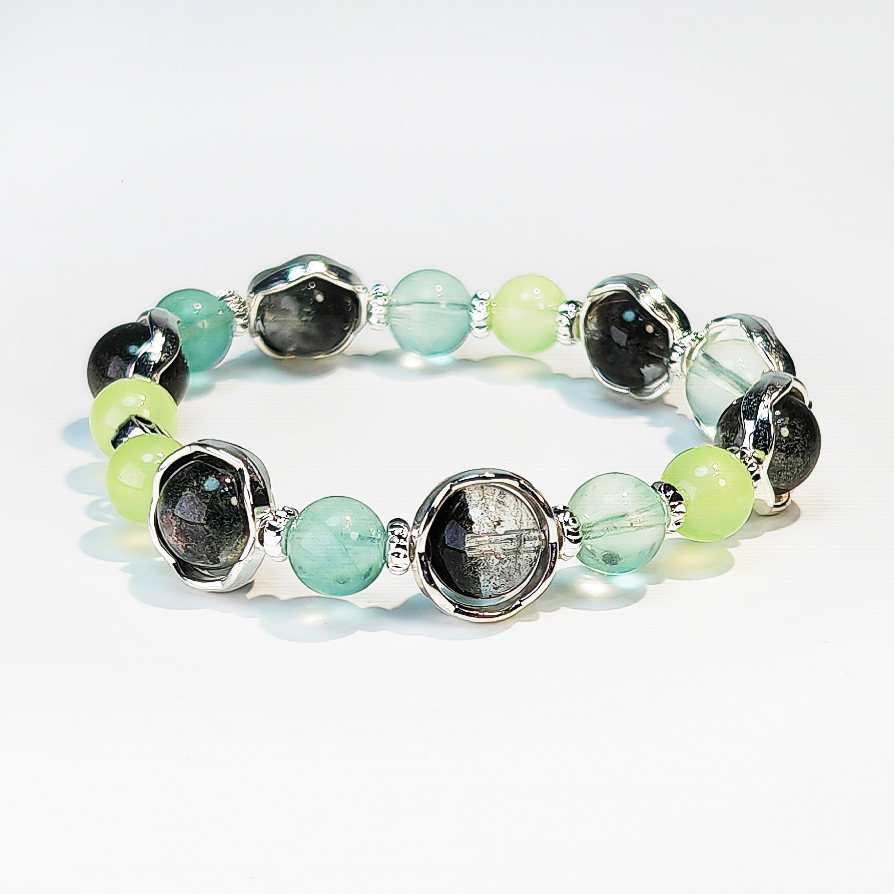 Growth Veil bracelet made with Green Phantom, Prehnite, and Grape Chalcedony for healing and growth