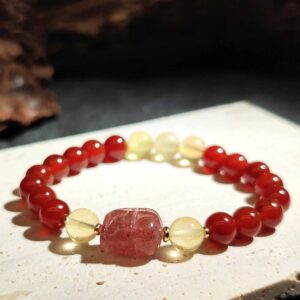 Pixiu wealth bracelet with Citrine, Red Agate, and Strawberry Quartz