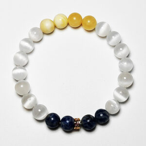 Mercury Ledger bracelet with Yellow Calcite, White Selenite, and Blue Sodalite for wealth and good luck.