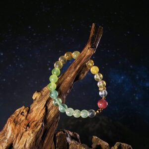 Crystal bracelet with yellow fluorite, grape chalcedony, grape agate, clear quartz, and strawberry quartz for energy alignment.