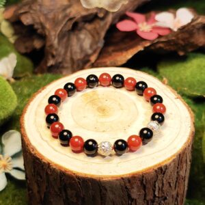 Union Core bracelet with Obsidian, Red Agate, and silver beads for balancing relationships and emotions