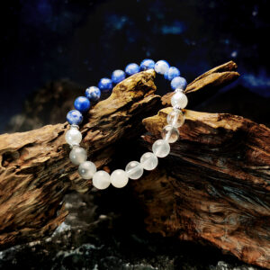 Water and Metal energy bracelet with Sodalite, White Phantom Quartz, Clear Quartz, and Pearl