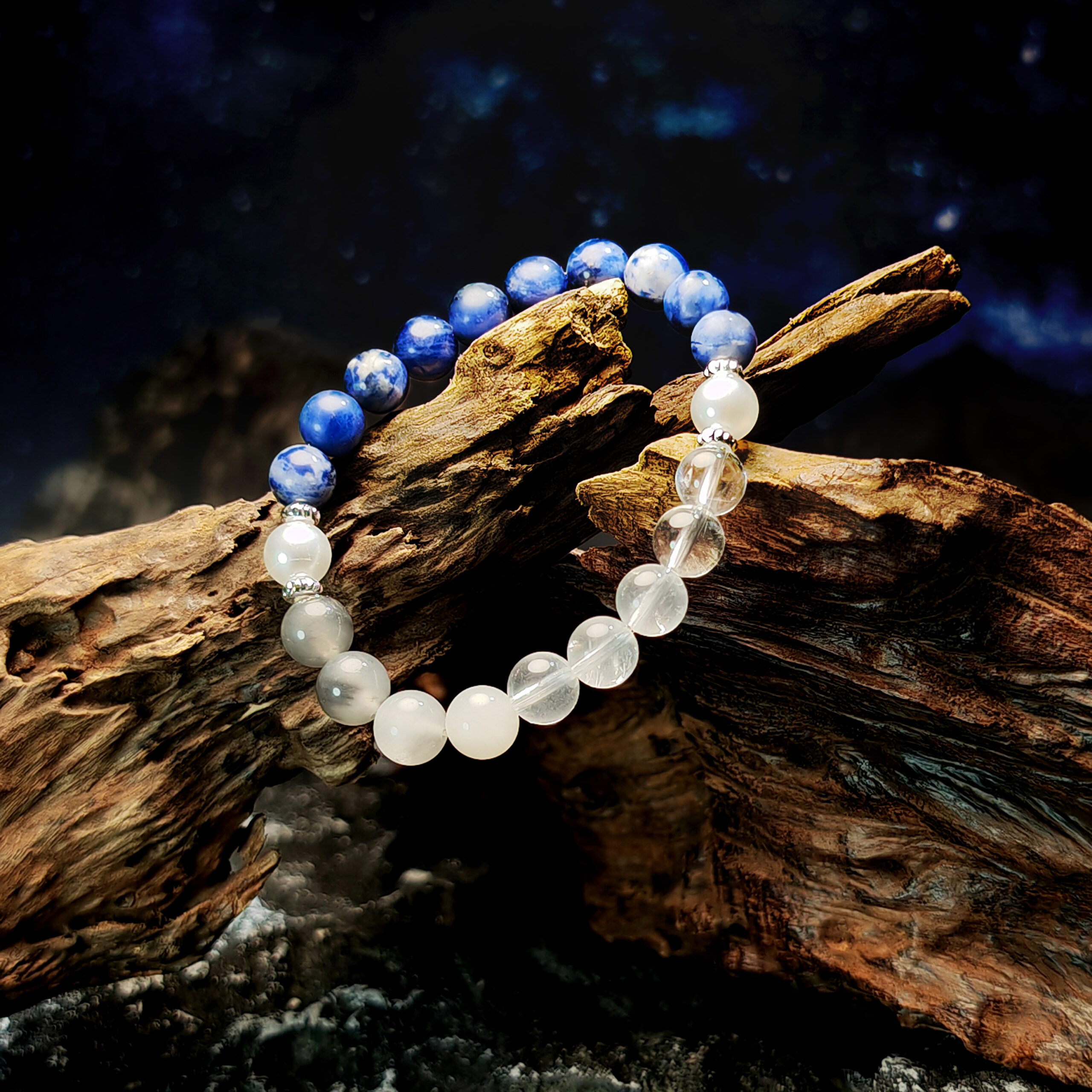 Water and Metal energy bracelet with Sodalite, White Phantom Quartz, Clear Quartz, and Pearl