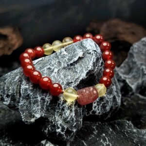 Pixiu wealth bracelet with Citrine, Red Agate, and Strawberry Quartz