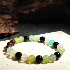 Rooted Flow bracelet with Obsidian, Apple Agate, and Wood Beads for prosperity and energetic protection