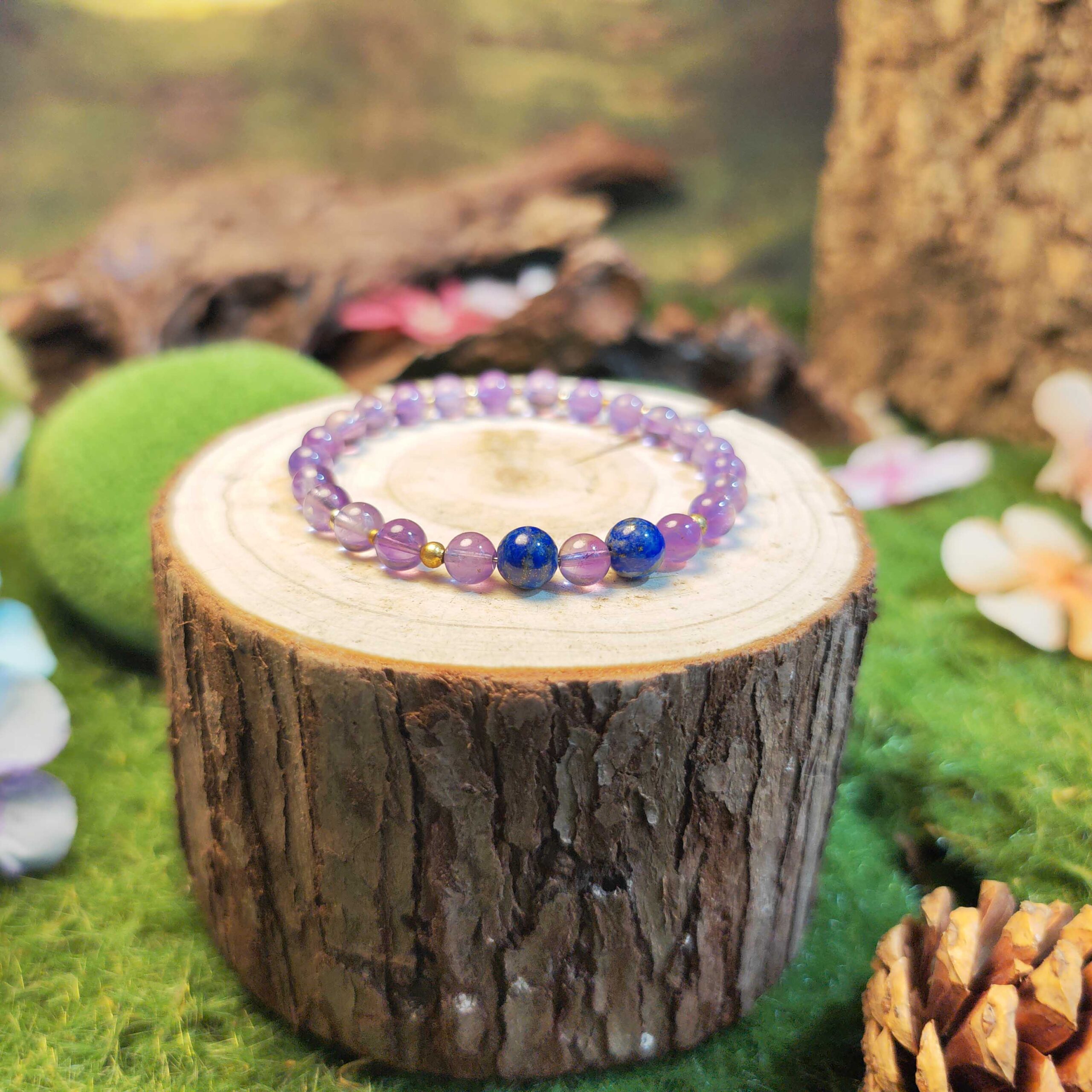 Amethyst and Lapis Lazuli bracelet representing Fire and Water Forces for clarity and wisdom.