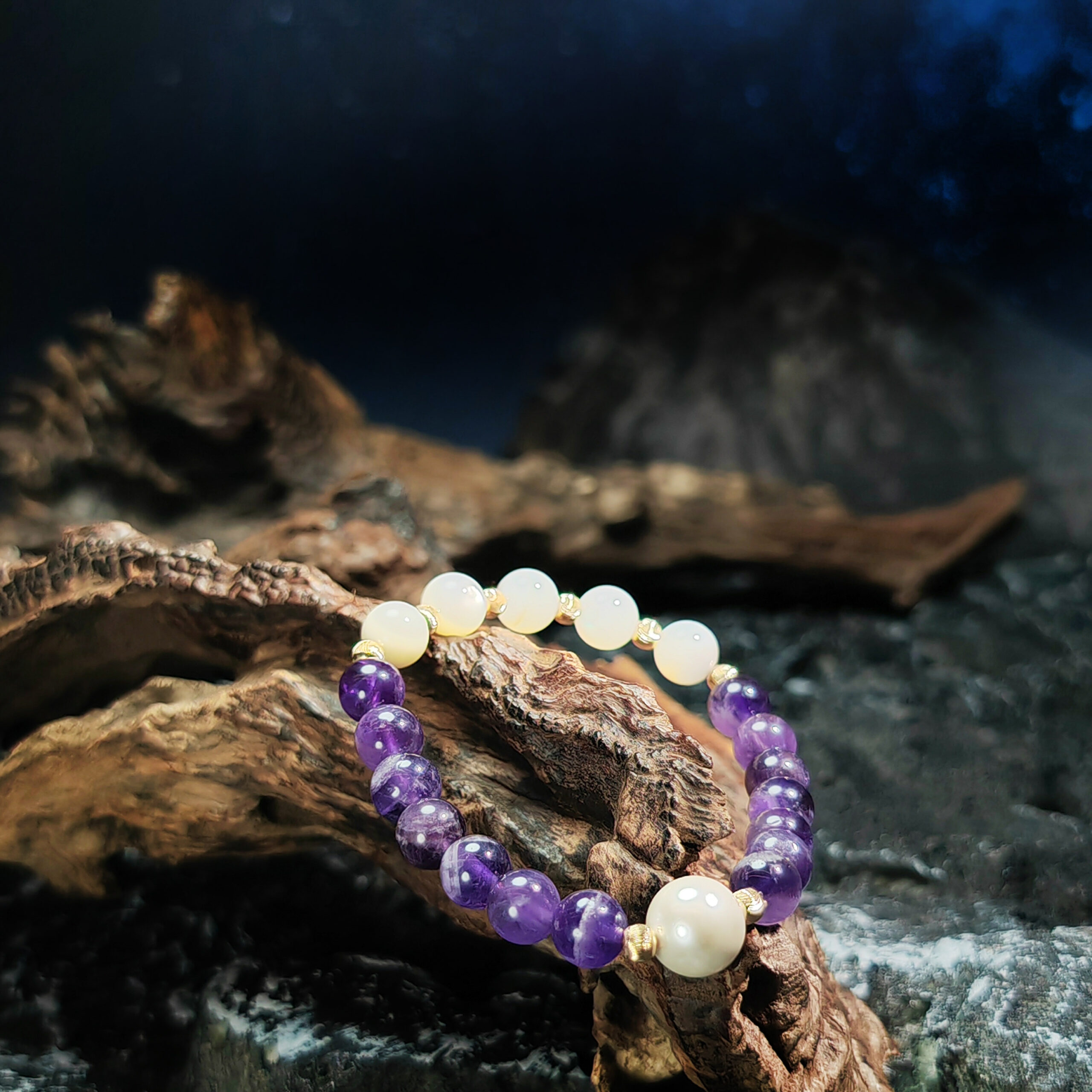 Soul Veil bracelet with Amethyst, Pearl, and Shell Beads