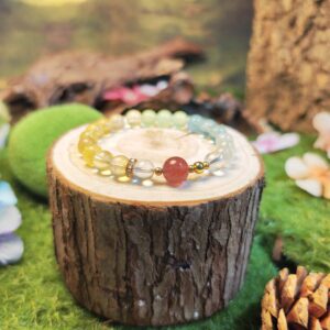 Crystal bracelet with yellow fluorite, grape chalcedony, grape agate, clear quartz, and strawberry quartz for energy alignment.
