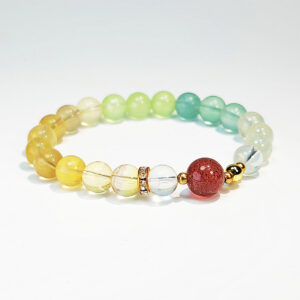 Crystal bracelet with yellow fluorite, grape chalcedony, grape agate, clear quartz, and strawberry quartz for energy alignment.