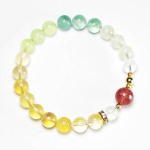 Crystal bracelet with yellow fluorite, grape chalcedony, grape agate, clear quartz, and strawberry quartz for energy alignment.