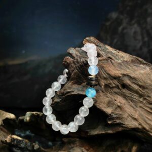 Rose Quartz, Blue Selenite, and wood disc bead bracelet for love, clarity, and renewal
