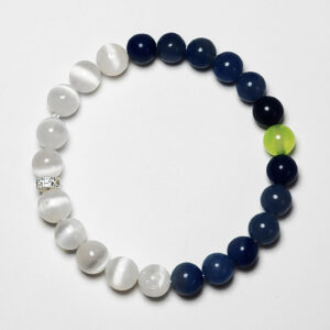 Aurora Turn crystal bracelet with white gypsum, blue aventurine, and grape agate for wealth, opportunity, and growth.