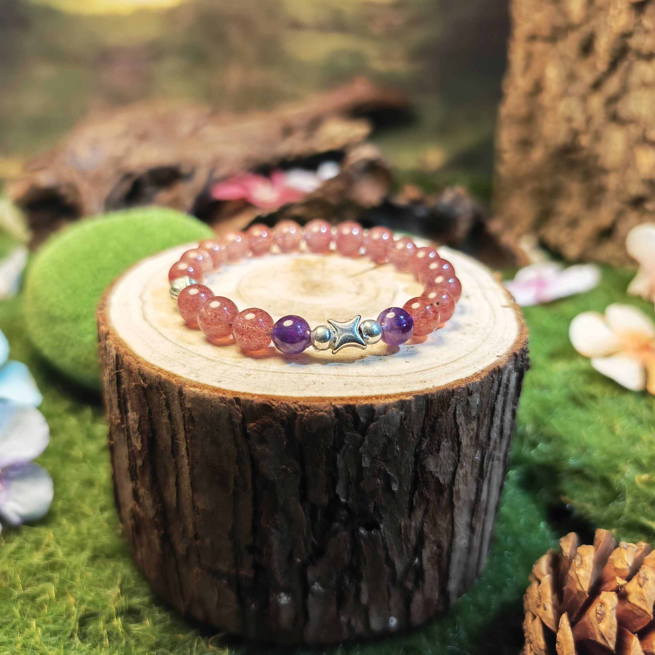 Handcrafted bracelet made with Strawberry Quartz and Amethyst representing the dreamy essence of the Fire Force.