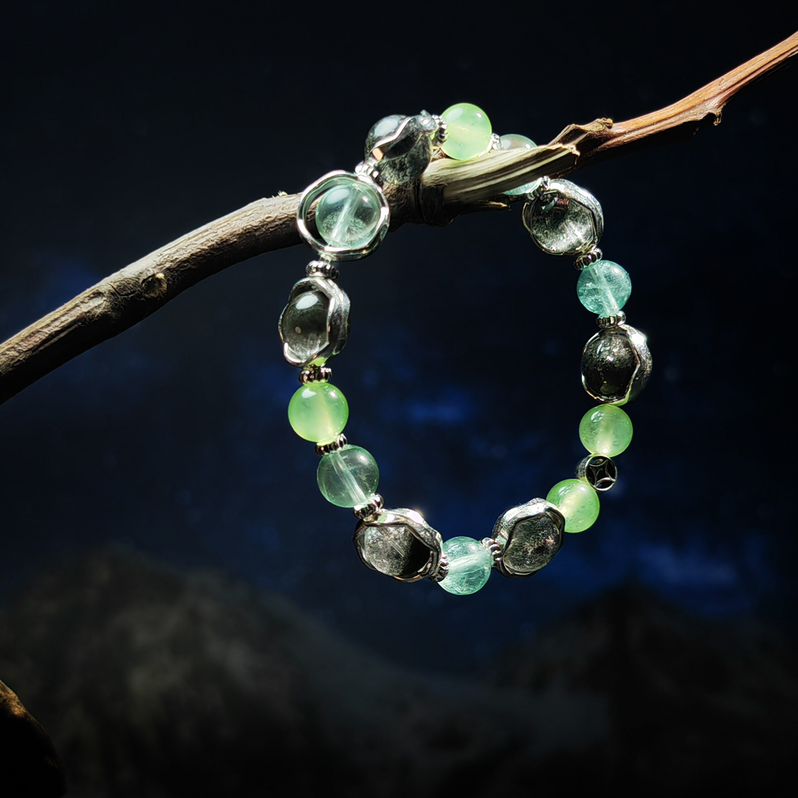 Growth Veil bracelet made with Green Phantom, Prehnite, and Grape Chalcedony for healing and growth