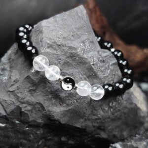 Obsidian and Clear Quartz bracelet with Tai Chi charm for career clarity and energy balance