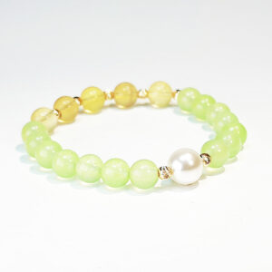 Rooted Bloom bracelet with Grape Chalcedony, Yellow Fluorite, and Pearl for inner growth and emotional clarity