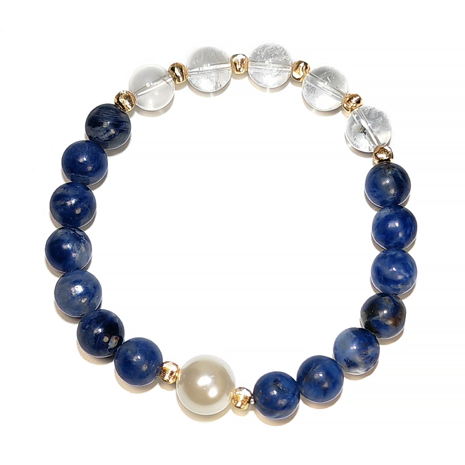 Mind Mirror bracelet with Sodalite, Clear Quartz, and Pearl for clarity and emotional balance