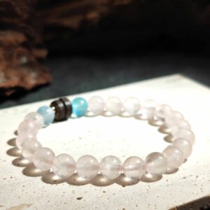 Rose Quartz, Blue Selenite, and wood disc bead bracelet for love, clarity, and renewal