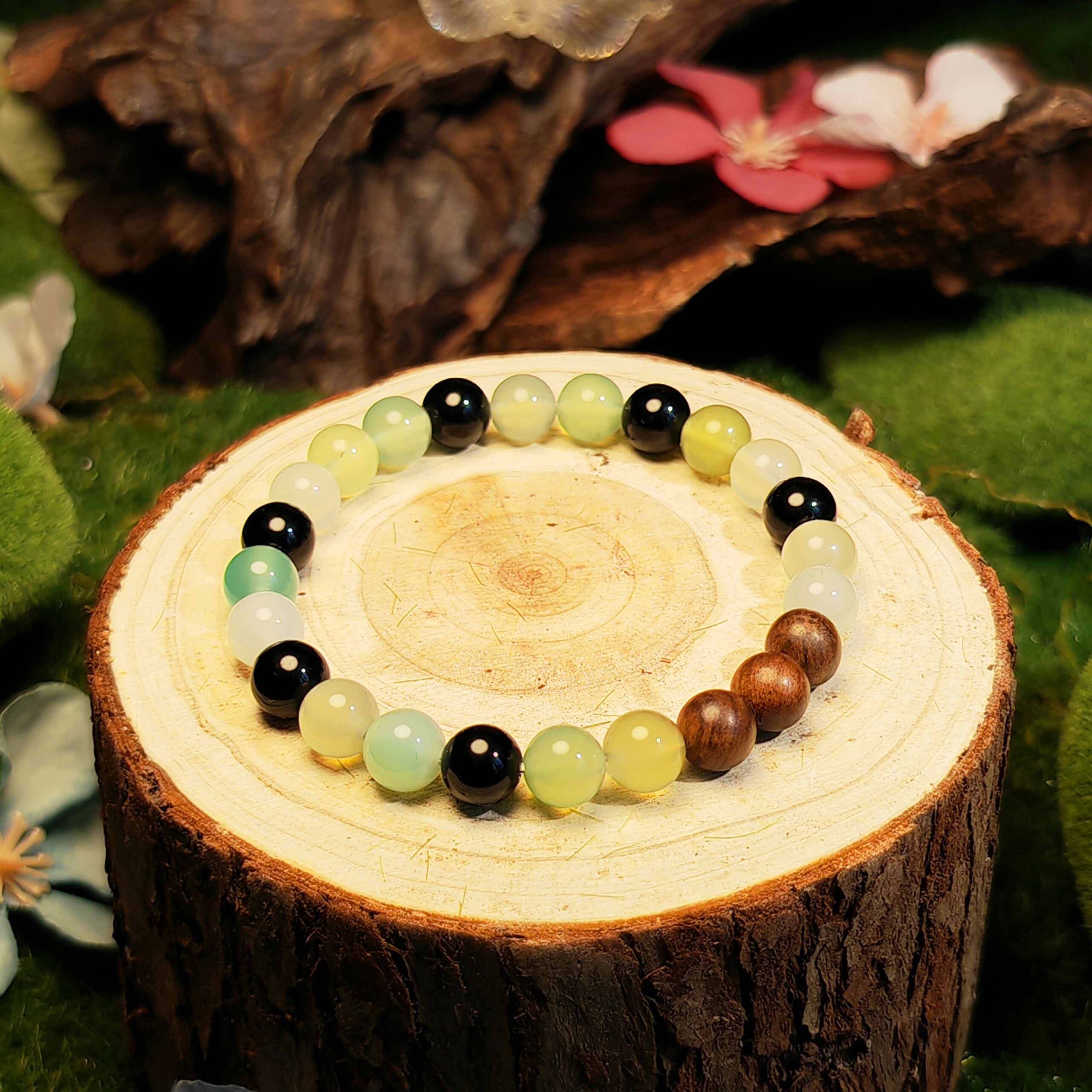 Rooted Flow bracelet with Obsidian, Apple Agate, and Wood Beads for prosperity and energetic protection