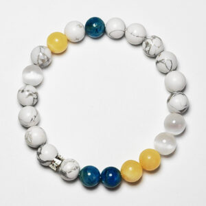 Aqua Aurea crystal bracelet with Yellow Calcite, White Selenite, White Turquoise, and Blue Apatite for stable and flowing wealth.