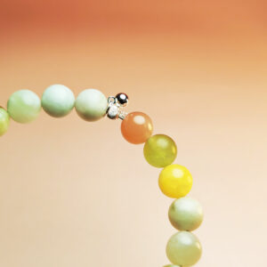 Aurora Threshold crystal bracelet with Green Grape Calcite, Orange Moonstone, and Yellow Calcite for new beginnings and lasting success.