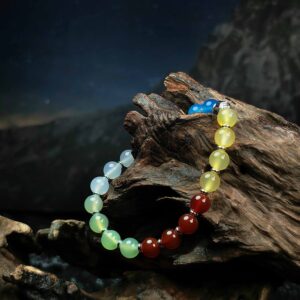 Five Element Wealth Bracelet made of red, blue, white, apple, and yellow agate stones