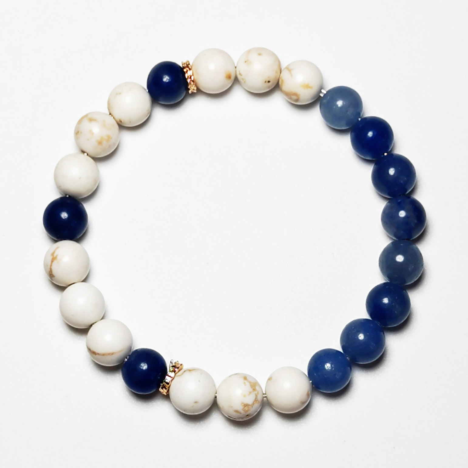 Aurea Cascade crystal bracelet with White Magnesite and Blue Aventurine for luck and clarity.