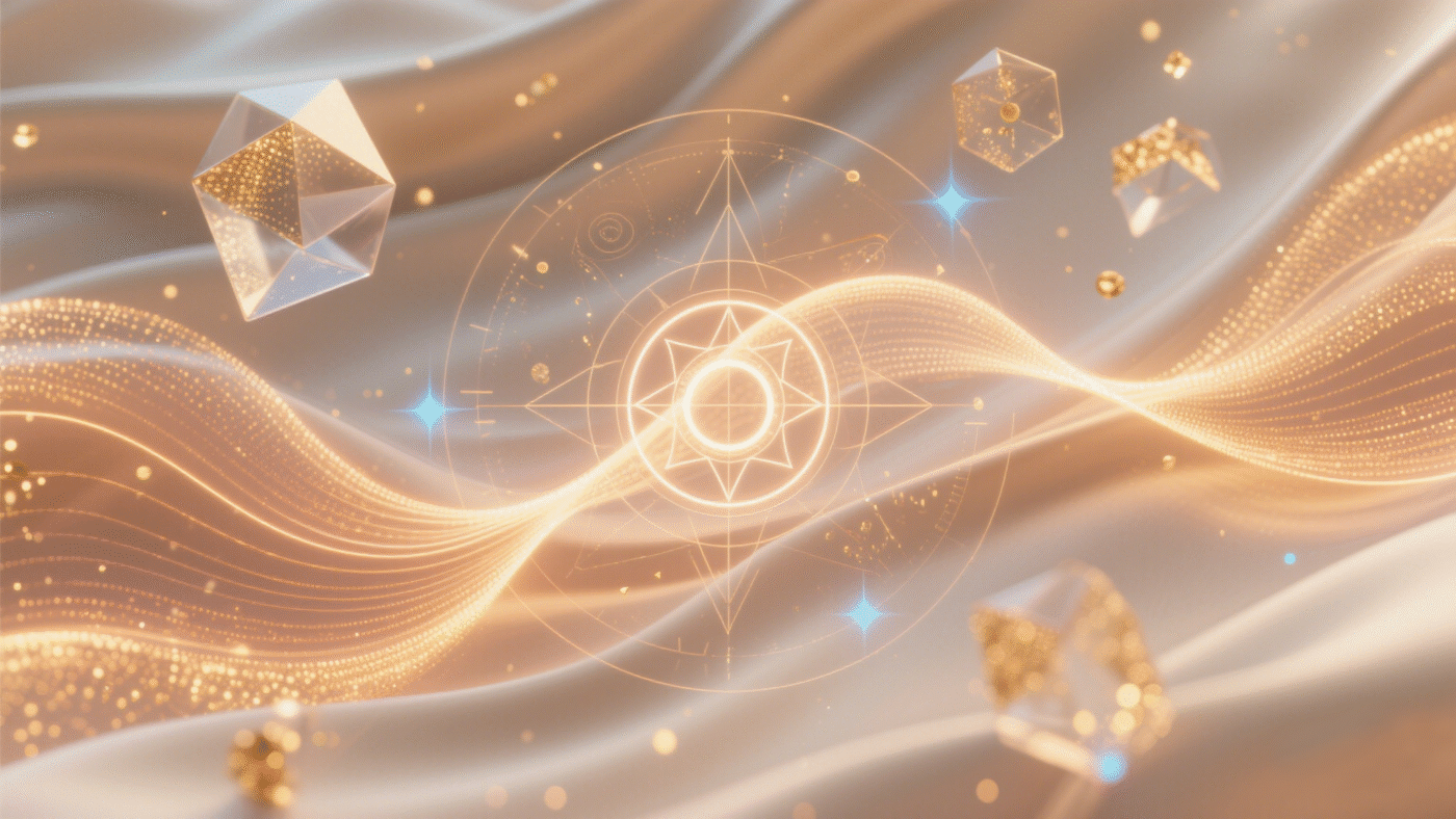 Golden energy wave flowing through sacred geometry and crystal polyhedrons – symbolic representation of harmony, balance, and metaphysical forces.