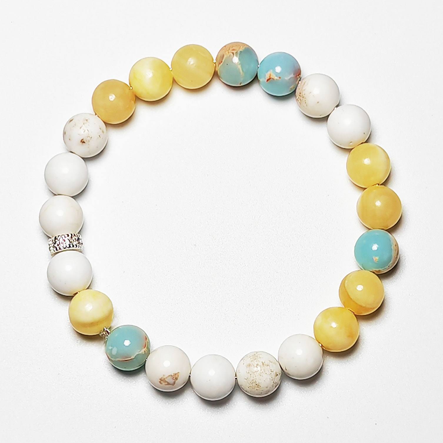 Aurum Meridian crystal bracelet with Shoushan Stone, Yellow Calcite, and White Magnesite for career stability and financial growth.