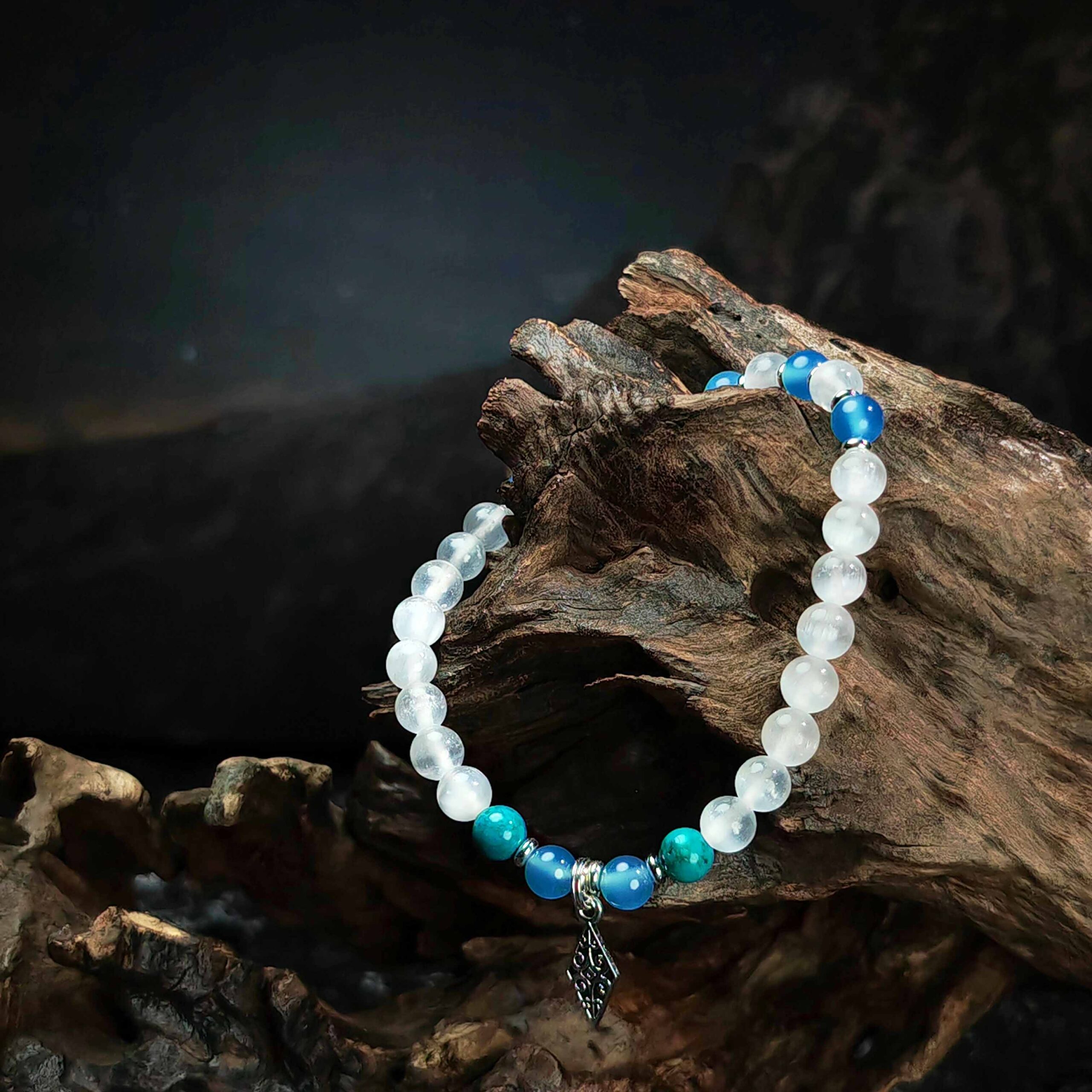 Turquoise, Blue Agate, and White Cat’s Eye bracelet designed for clear communication and magnetic self-expression