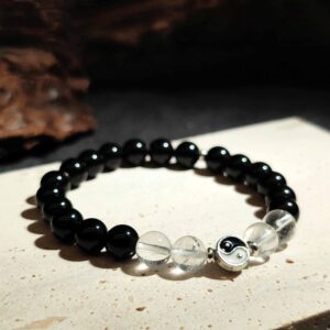 Obsidian and Clear Quartz bracelet with Tai Chi charm for career clarity and energy balance