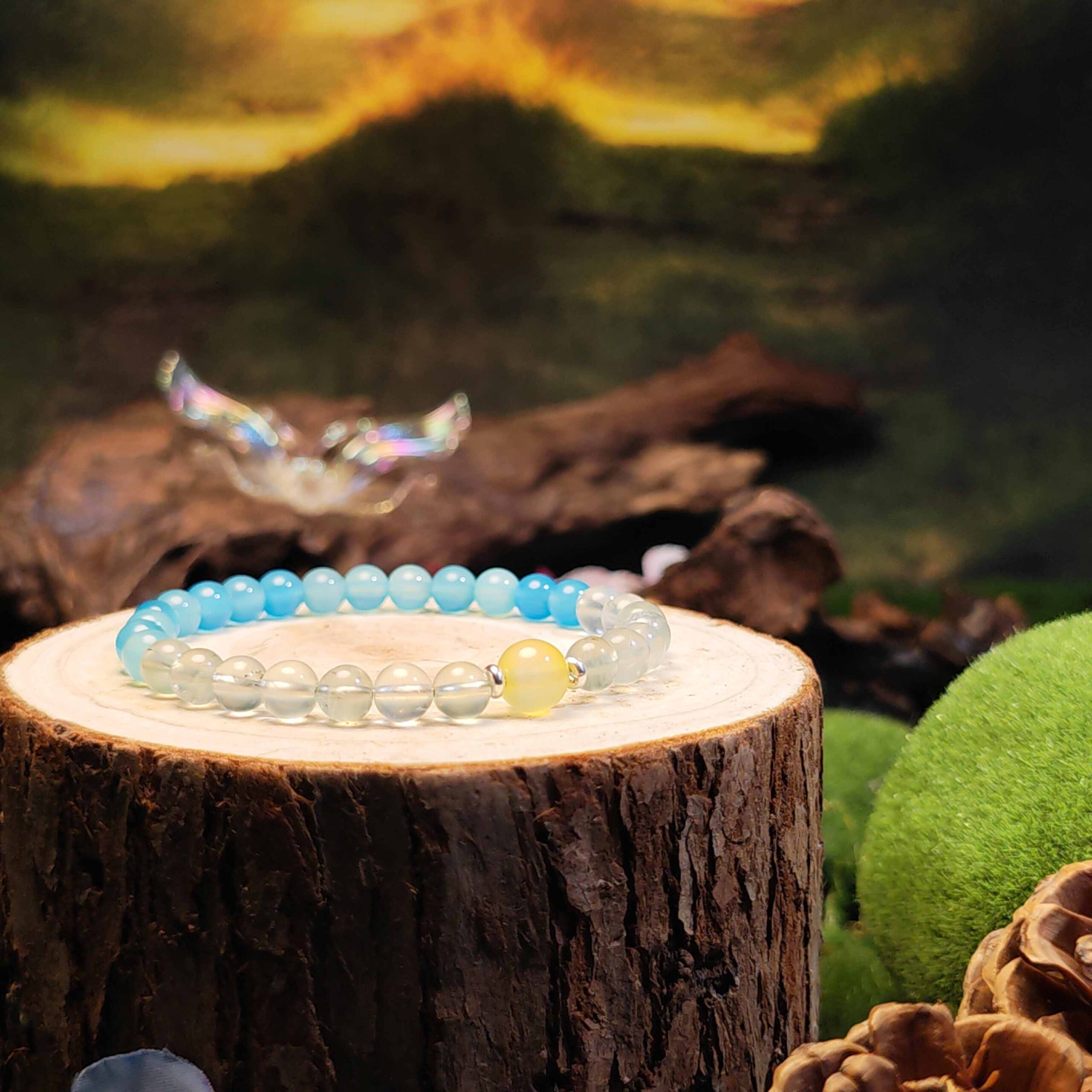 Still Bloom bracelet made with Prehnite, Yellow Agate, and Blue Agate for emotional balance and slow personal growth