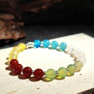 Five Element Wealth Bracelet made of red, blue, white, apple, and yellow agate stones
