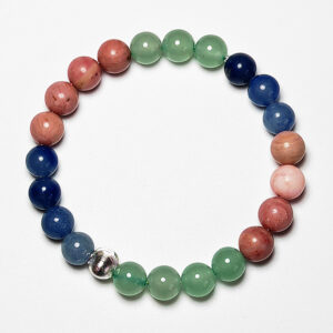 Celestia Arbor crystal bracelet with Blue Aventurine, Red Wood Grain, and Green Aventurine for health, charm, and good fortune.