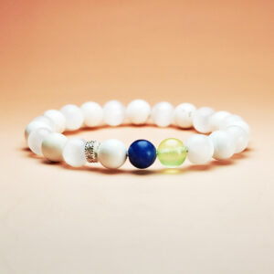 Fortuna Arcana crystal bracelet with White Magnesite, White Selenite, Blue Aventurine, and Grape Chalcedony for luck and prosperity.