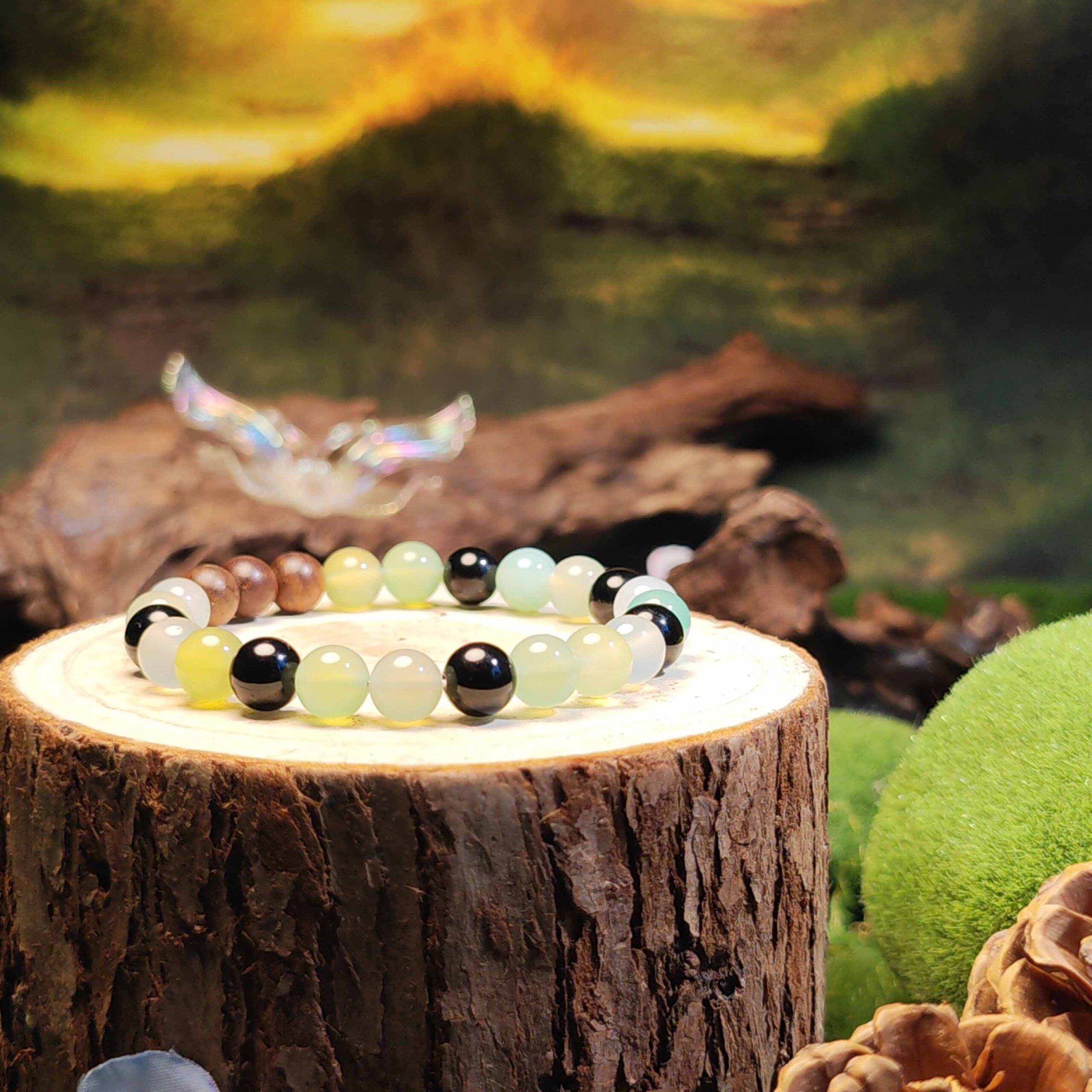 Rooted Flow bracelet with Obsidian, Apple Agate, and Wood Beads for prosperity and energetic protection