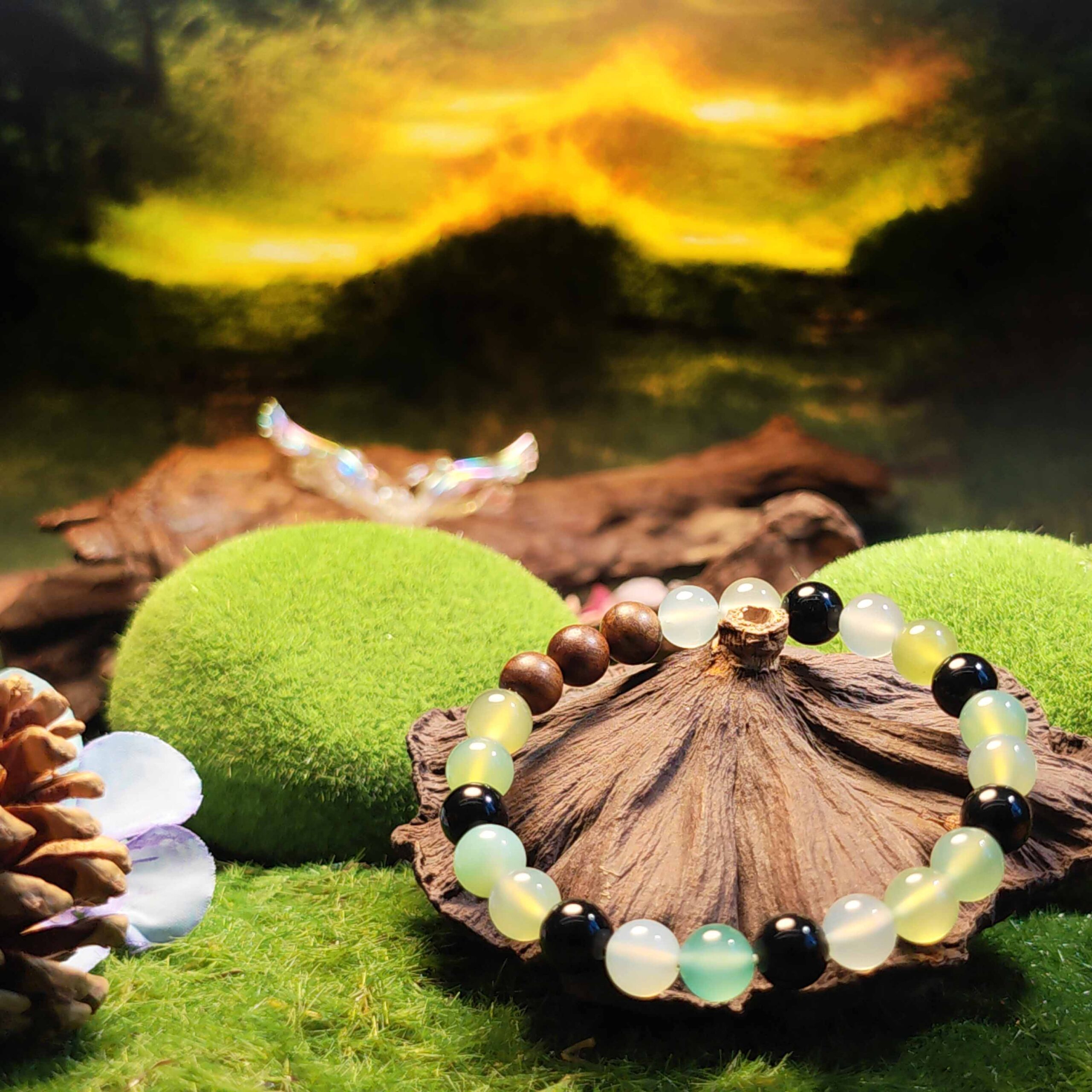 Rooted Flow bracelet with Obsidian, Apple Agate, and Wood Beads for prosperity and energetic protection