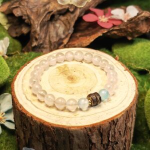 Rose Quartz, Blue Selenite, and wood disc bead bracelet for love, clarity, and renewal