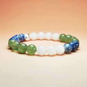 Celestia Current crystal bracelet with Xiuyan Jade, White Jade, and Dumortierite for good luck, health, and prosperity.