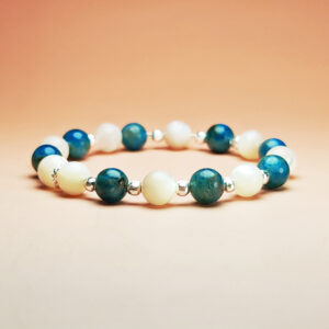 Lunaris Flux crystal bracelet with Shell Pearl and Blue Apatite for good luck and wisdom.