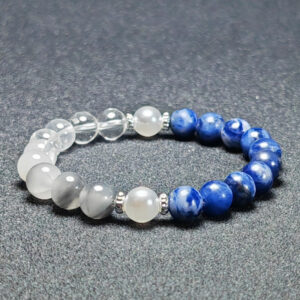 Water and Metal energy bracelet with Sodalite, White Phantom Quartz, Clear Quartz, and Pearl