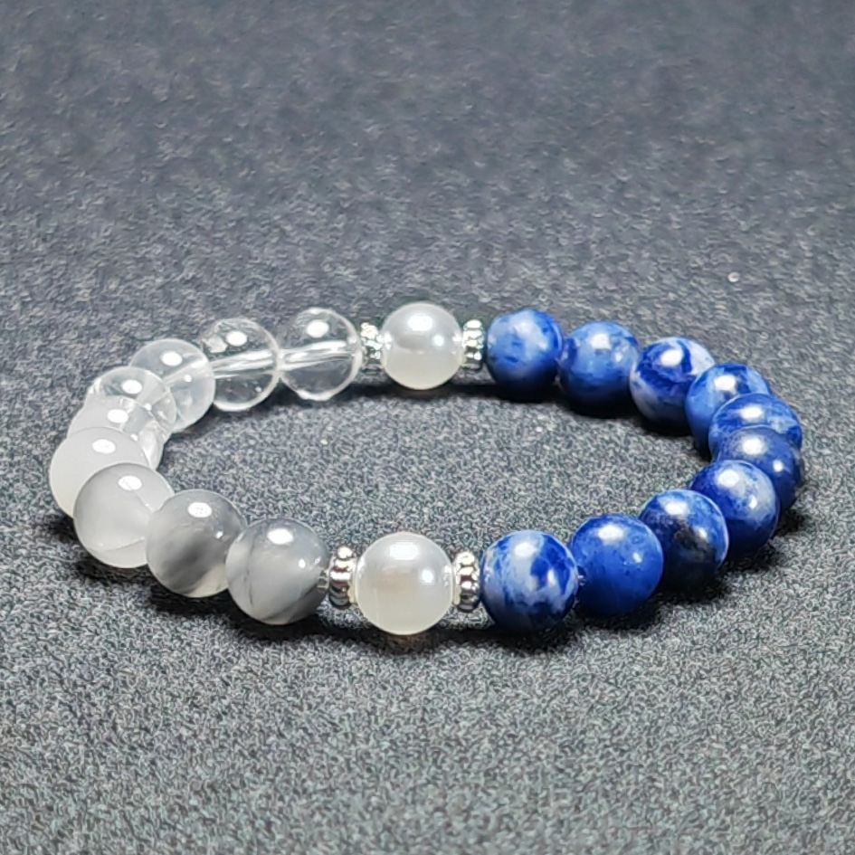 Water and Metal energy bracelet with Sodalite, White Phantom Quartz, Clear Quartz, and Pearl