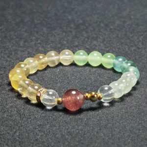 Crystal bracelet with yellow fluorite, grape chalcedony, grape agate, clear quartz, and strawberry quartz for energy alignment.
