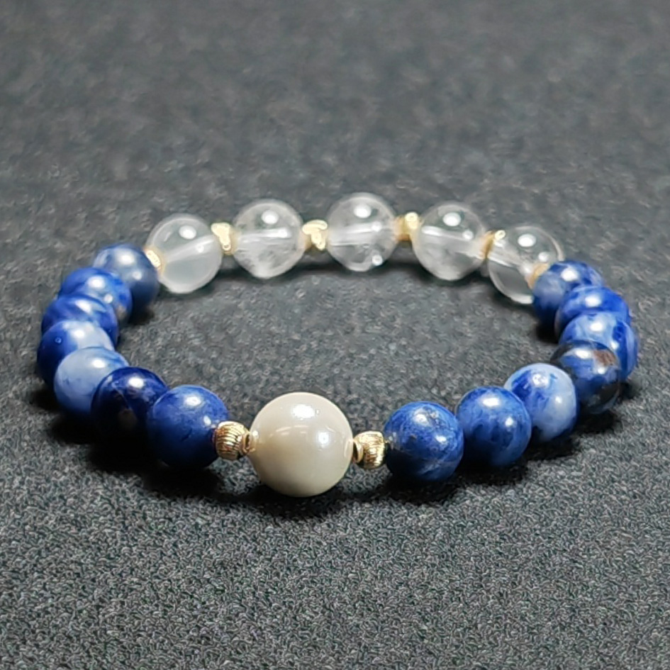 Mind Mirror bracelet with Sodalite, Clear Quartz, and Pearl for clarity and emotional balance