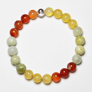 Aurora Forge crystal bracelet with green grape agate, red vein agate, and yellow agate for wealth, career success, and stability.