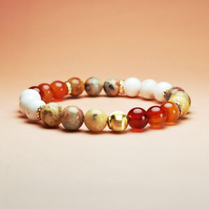 Cindercrest crystal bracelet with red agate, crazy agate, and white howlite for wealth, career success, and protection.